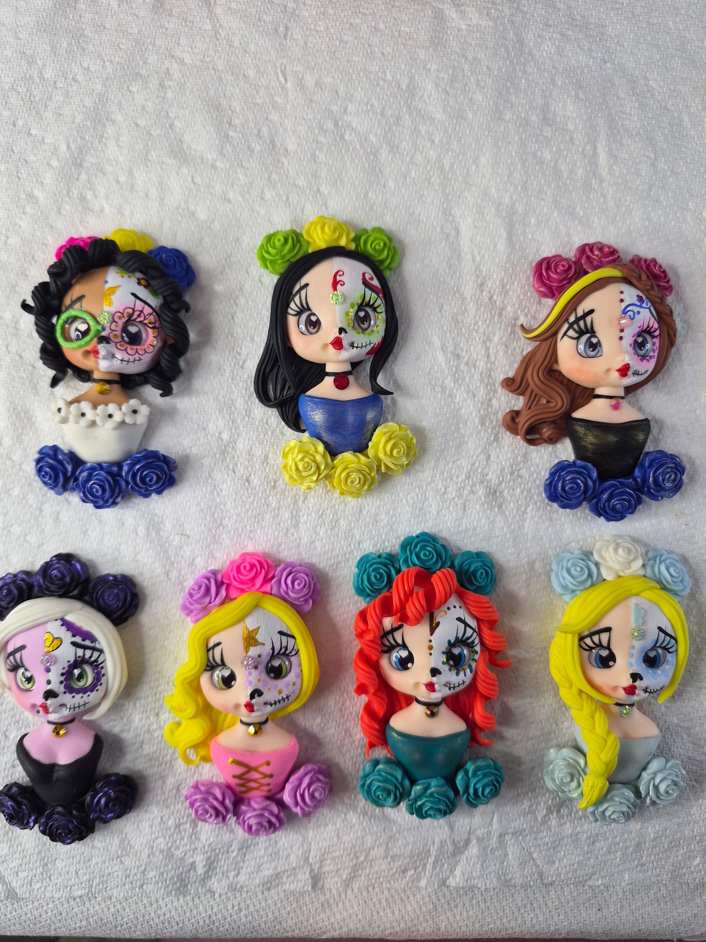 Set of 7 Princess catrinas clay dolls